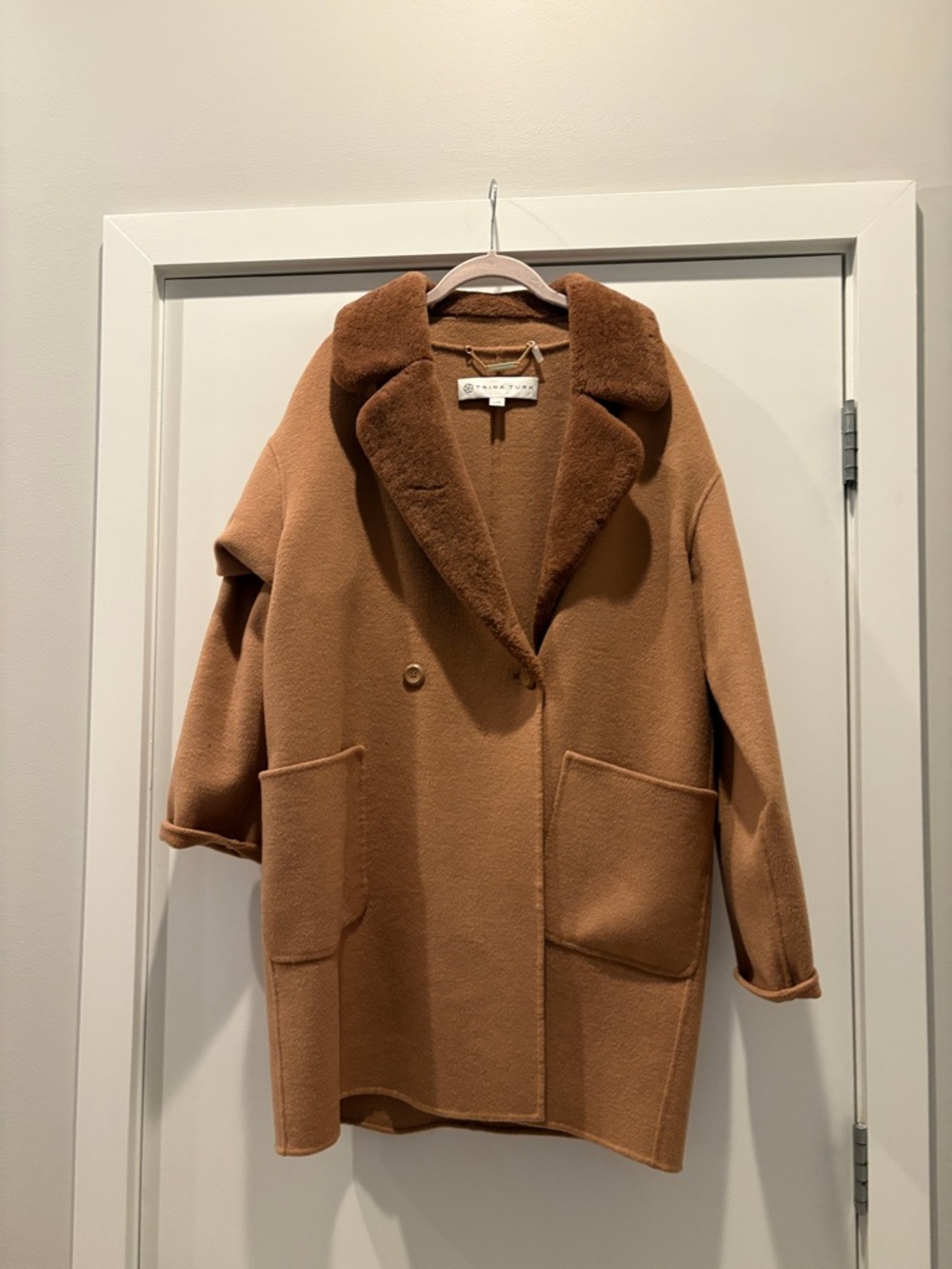 Wool-Blend Brown Oversized Coat with Faux Fur Collar  Trina Turk